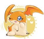  &lt;3 abstract_background blue_eyes blush cute digimon driosawm mammal one_eye_closed open_mouth orange_skin patamon short_tail solo wink 