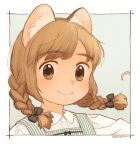  akai_sashimi animal_ears artist_name bangs black_bow blush bow braid brown_eyes brown_hair cat_ears closed_mouth collared_shirt dress eyebrows eyebrows_visible_through_hair face green_background hair_bow highres long_hair looking_at_viewer nose_blush original outside_border pinafore_dress shirt smile solo striped tareme tentacles twin_braids upper_body vertical-striped_dress vertical_stripes white_shirt wing_collar 