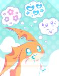  &lt;3 abstract_background blue_eyes blush cloud digimon driosawm flower mammal membranous_wings one_eye_closed open_mouth orange_skin patamon plant sky smile solo star thinking thought_bubble tongue tongue_out wings wink 