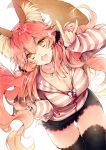  animal_ears black_legwear blush bra breasts casual cleavage collarbone fate/extra fate/grand_order fate_(series) fox_ears fox_shadow_puppet fox_tail hand_on_hip large_breasts nail_polish open_clothes open_mouth open_shirt pink_bra pink_hair shirt solo sparkle striped striped_shirt tail tamamo_(fate)_(all) tamamo_no_mae_(fate) thighhighs underwear yellow_eyes yunomitootya 