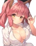 animal_ears blush breasts cleavage closed_mouth eyebrows_visible_through_hair fate/extra fate/grand_order fate_(series) fox_ears fox_shadow_puppet highres looking_at_viewer medium_breasts motokonut pink_hair ponytail shirt short_hair simple_background smile solo tamamo_(fate)_(all) tamamo_no_mae_(fate) upper_body white_background white_shirt yellow_eyes 