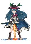  1girl blue_hair bow fingerless_gloves food fruit gladiator_sandals gloves hashiro hat hinanawi_tenshi long_hair looking_at_viewer peach red_eyes sandals smile solo sword sword_of_hisou touhou weapon 