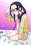  bad_feet bare_legs barefoot bed black_hair blush bottomless condom glasses gradient gradient_background looking_at_viewer no_panties oogaki_chiaki pink_background red_eyes rudoes3121 smile solo sweat sweater twintails used_condom yurucamp 