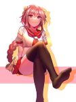  alternate_eye_color arm_support arms_behind_back astolfo_(fate) badamon bangs black_legwear bow braid closed_mouth commentary crop_top crossed_legs drop_shadow eyebrows_visible_through_hair fate/apocrypha fate/grand_order fate_(series) feet hair_between_eyes hair_bow highres invisible_chair leg_up light_rays lips long_hair looking_at_viewer male_focus miniskirt neckerchief no_shoes otoko_no_ko panties pantyshot pantyshot_(sitting) pink_hair pleated_skirt raised_eyebrows red_eyes red_neckwear red_sailor_collar red_skirt sailor_collar school_uniform seamed_legwear serafuku shiny shiny_hair shirt short_sleeves sidelocks simple_background single_braid sitting skirt sleeve_cuffs smile soles solo thighhighs toes underwear upskirt very_long_hair white_background white_panties white_shirt yellow_bow 
