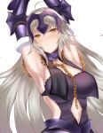  ahoge armor armored_collar armpits arms_up bangs breasts chain commentary_request fate/grand_order fate_(series) fur_trim gauntlets gold_chain headpiece highres jeanne_d'arc_(alter)_(fate) jeanne_d'arc_(fate)_(all) large_breasts light_blush long_hair looking_at_viewer navel navel_cutout numaguro_(tomokun0808) parted_lips revealing_clothes silver_hair simple_background solo upper_body very_long_hair white_background yellow_eyes 
