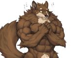  2018 abs anthro biceps brown_fur canine captainjohkid digital_media_(artwork) flakjacket0204 fur hi_res male mammal muscular muscular_male pecs simple_background wolf 