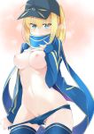  ahoge aqua_eyes artoria_pendragon_(all) baseball_cap blonde_hair blue_legwear blue_panties blue_scarf breasts breath commentary_request covering_mouth fate_(series) hat long_sleeves looking_at_viewer medium_breasts mysterious_heroine_x navel nipples panties partially_visible_vulva ponytail pussy_juice pussy_juice_trail rojiura_satsuki:_chapter_heroine_sanctuary sasakura scarf short_hair solo standing thighhighs underwear 
