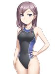  bangs black_swimsuit blue_eyes brown_hair competition_swimsuit covered_navel cowboy_shot hand_on_hip idolmaster idolmaster_cinderella_girls long_hair looking_at_viewer no_eyewear one-piece_swimsuit pataniito simple_background solo swept_bangs swimsuit thigh_gap white_background yagami_makino 