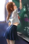  arm_up bangs blurry breasts brown_hair chalkboard classroom depth_of_field heart highres indoors karakai_jouzu_no_takagi-san long_hair parted_bangs parted_lips pleated_skirt sailor_collar school_uniform serafuku short_sleeves sideboob skirt small_breasts solo standing takagi-san text_focus window xiaoyu 