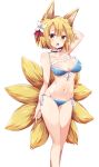  animal_ears arm_at_side arm_up bangs bare_arms bare_legs bare_shoulders bikini blonde_hair blue_bikini breasts cleavage collar eyebrows_visible_through_hair flower fox_ears fox_tail front-tie_bikini front-tie_top groin hair_flower hair_ornament highres looking_at_viewer maturiuta_sorato medium_breasts multiple_tails navel open_mouth shiny shiny_skin side-tie_bikini simple_background solo standing stomach swimsuit tail touhou white_background white_flower yakumo_ran yellow_eyes 