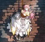  1girl black_legwear breasts cloth_gag dress earrings fire_emblem fire_emblem_if gag gagged hairband heartgear high_heels improvised_gag jewelry large_breasts long_hair nintendo over_the_nose_gag pink_hair soleil_(fire_emblem_if) solo strapless strapless_dress wedding_dress white_dress white_footwear 