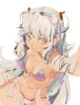  absurdres alternate_costume arm_up armpits bangs bare_shoulders bikini blue_eyes breasts cleavage commentary_request girls_frontline hair_between_eyes highres intravenous_drip long_hair looking_at_viewer medium_breasts messy_hair navel off_shoulder parted_lips ribeyrolles_1918_(girls_frontline) shirt sidelocks silver_hair simple_background sitting smile solo stomach swimsuit thighs very_long_hair wavy_hair white_background yi_ping_jiangyou_jun 