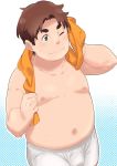  ;) absurdres blue_background brown_hair closed_mouth cowboy_shot darling_in_the_franxx fat fat_man futoshi_(darling_in_the_franxx) gradient gradient_background grey_eyes halftone highres male_focus navel one_eye_closed orange_towel purasu_no_konbu shirtless smile solo swimsuit thick_eyebrows towel wet white_background wiping_face 