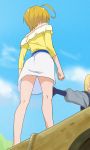  ahoge bare_shoulders blonde_hair blue_sky clenched_hand cloud day from_behind from_below haruyama_kazunori hugtto!_precure kagayaki_homare out_of_frame outdoors precure short_hair skirt sky solo_focus standing white_skirt 