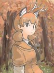  animal_ears antlers brown_eyes deer_ears grass kemono_friends leaf low_twintails necktie orange_hair rumenia_(ao2is) sailor_collar sika_deer_(kemono_friends) solo tree twintails 