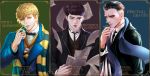  black_hair bow bowtie bowtruckle brown_hair character_name coin copyright_name credence_barebone fantastic_beasts_and_where_to_find_them green_eyes highres leaf male_focus multicolored_hair multiple_boys necktie newt_scamander niffler orange_eyes percival_graves scarf shed1228 two-tone_hair white_hair 