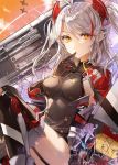  aircraft airplane antenna_hair azur_lane bangs breasts buttons cannon closed_mouth cloud collar commentary evening expressionless eyebrows_visible_through_hair finger_to_mouth garter_straps gloves hair_between_eyes iron_cross kim_eb knees_up large_breasts long_hair looking_at_viewer machinery military military_uniform multicolored_hair orange_sky prinz_eugen_(azur_lane) red_hair rigging side_cutout sidelocks silver_hair sky solo sparkle splashing streaked_hair swept_bangs thighhighs thighs turret two_side_up uniform water_drop 