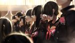  4girls bangs black_hair black_jacket black_sailor_collar black_shirt blurry blurry_background blurry_foreground clenched_teeth closed_eyes commentary_request crying crying_with_eyes_open day depth_of_field flower gakuran graduation hair_between_eyes hair_over_eyes highres indoors jacket long_hair looking_away multiple_boys multiple_girls neckerchief open_mouth original parted_lips pink_flower pink_rose red_neckwear rose sailor_collar school_uniform serafuku shirt sunlight tears teeth wiping_tears yuzua 