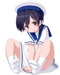  :d bangs between_legs black_hair blue_sailor_collar blush brown_eyes chromatic_aberration commentary cross_hair_ornament dd_(ijigendd) dress eyebrows_visible_through_hair feet full_body hair_ornament hand_between_legs hat hiburi_(kantai_collection) highres kantai_collection long_hair no_shoes open_mouth panties sailor_collar sailor_dress sailor_hat short_sleeves sitting smile socks soles solo toe_scrunch underwear white_background white_dress white_hat white_legwear white_panties 