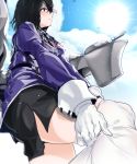  bitchcraft123 black_hair black_skirt blue_sky blush brown_eyes cloud commentary_request day from_below gloves haguro_(kantai_collection) hair_between_eyes hair_ornament juliet_sleeves kantai_collection long_sleeves looking_afar machinery military military_uniform pantyhose pantyhose_pull pantyhose_tug pencil_skirt puffy_sleeves remodel_(kantai_collection) rigging short_hair sidelocks skirt sky solo thighs uniform water_drop white_gloves white_legwear 