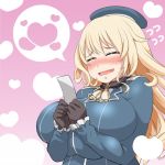  atago_(kantai_collection) beret black_gloves blonde_hair blush breasts closed_mouth gloves gradient gradient_background happy hat heart heart_background huge_breasts kantai_collection long_hair pink_background roah solo speech_bubble wavy_mouth 