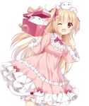  &gt;_&lt; :3 ;d ahoge animal animal_ears animal_on_head blonde_hair blush bow box breasts brown_eyes cat cat_ears cat_girl cat_tail closed_eyes closed_mouth commentary_request dress fang frilled_dress frilled_shirt_collar frills gift gift_box hair_bow hair_ribbon hand_up hands_up holding holding_gift in_box in_container long_hair long_sleeves looking_at_viewer on_head one_eye_closed one_side_up open_mouth original pink_bow pink_dress purple_ribbon ribbon small_breasts smile solo standing tail tail_bow transparent_background verjuice very_long_hair x3 