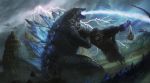  ape battle crossover dinosaur electricity electrocution energy epic fight fighting glowing godzilla godzilla_(2014) gorilla helicopter kaijuu king_kong larry_quach legendary_pictures lightning military military_vehicle monsterverse rain scar storm toho_(film_company) 