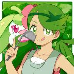  :o :q apron cu-sith flower gen_7_pokemon green_background green_eyes green_hair hair_flower hair_ornament holding_ladle index_finger_raised ladle long_hair looking_at_viewer mao_(pokemon) pink_eyes pokemon pokemon_(creature) pokemon_(game) pokemon_sm steenee tongue tongue_out trial_captain twintails upper_body 