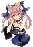  animal_ears bare_shoulders blue_bow bow breasts choker cleavage detached_sleeves fang fate/extra fate_(series) hair_between_eyes hair_bow highres japanese_clothes kimono long_hair long_sleeves looking_at_viewer medium_breasts mitu-yuki open_mouth pink_hair sash simple_background smile tamamo_(fate)_(all) tamamo_no_mae_(fate) twintails upper_body white_background wide_sleeves 
