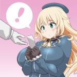  1boy 1girl admiral_(kantai_collection) atago_(kantai_collection) beret black_gloves blonde_hair blue_eyes blush breasts commentary gloves gradient gradient_background hat huge_breasts kantai_collection long_hair pink_background roah speech_bubble spoken_exclamation_mark white_gloves 