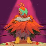  boxing_ring bummerdude claws commentary creature crossed_arms flower full_body gen_6_pokemon hawlucha highres looking_at_viewer no_humans pokemon pokemon_(creature) red_flower red_rose rose solo standing yellow_eyes 