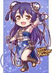  armpits bangs blue_hair boots bun_cover chibi china_dress chinese_clothes commentary_request dated detached_collar double_bun dress eyebrows_visible_through_hair fingerless_gloves full_body gloves hair_between_eyes happy_birthday highres long_hair love_live! love_live!_school_idol_festival love_live!_school_idol_project miloku open_mouth side_slit smile solo sonoda_umi strapless strapless_dress yellow_eyes 