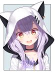  :d animal_hood artist_name azuma_lim azuma_lim_channel capriccio character_name collar collarbone eyebrows_visible_through_hair hair_between_eyes head_tilt hood hoodie lavender_hair long_hair looking_at_viewer multicolored multicolored_eyes open_mouth red_eyes smile solo yellow_eyes 