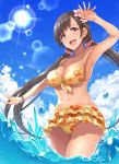  armpits bikini bikini_skirt black_hair breasts cleavage cloud cloudy_sky commentary_request day floral_print flower hair_flower hair_ornament lens_flare long_hair low_twintails medium_breasts navel ocean open_mouth original pink_scrunchie scrunchie sky solo splashing sun sunlight swimsuit tachibana_omina twintails wading yellow_bikini 