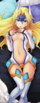  absurdres bare_shoulders blazblue blonde_hair blue_eyes dakimakura detached_sleeves forehead_protector highres long_hair lying mu-12 nail_polish navel non-web_source official_art on_back solo thighhighs toshimichi_mori 