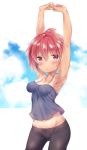  :o armpits arms_up ass_visible_through_thighs bike_shorts black_shorts blue_sky blush breasts camisole cloud contemporary cowboy_shot day eyebrows_visible_through_hair groin looking_at_viewer marui_futaba mitsudomoe murasakigo one-piece_tan outside_border parted_lips red_eyes red_hair shiny shiny_hair shiny_skin short_hair shorts sky small_breasts solo spaghetti_strap standing stretch sweat tan tanline topknot wet 