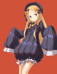  abigail_williams_(fate/grand_order) absurdres bangs black_bow black_dress black_hat blonde_hair bloomers blue_eyes bow bug butterfly closed_mouth commentary devil-dantake dress fate/grand_order fate_(series) forehead hair_bow hat head_tilt highres insect long_hair long_sleeves looking_at_viewer orange_bow parted_bangs polka_dot polka_dot_bow red_background simple_background sleeves_past_fingers sleeves_past_wrists solo underwear very_long_hair white_bloomers 