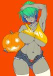  arm_over_head armpits beige_eyes blue_hair breasts collarbone commentary covered_nipples crop_top cutoffs dark_skin denim denim_shorts earrings gradient_hair green_hair hair_over_one_eye halloween jack-o'-lantern jewelry large_breasts micro_shorts mikoyan mole mole_under_mouth multicolored_hair navel neck open_clothes open_shorts orange_background orange_panties original pale_eye pale_skin panties parted_lips pink_lips pumpkin short_hair short_shorts shorts simple_background solo standing stomach thighhighs thighs torn_clothes torn_shorts underboob underwear white_legwear wide_hips zombie 