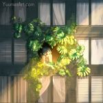 building camisole closed_eyes commentary highres original plant short_hair silver_hair solo speedpaint sunlight watermark web_address wenqing_yan window 