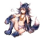 absurdres animal_ears antenna_hair blue_hair claws fang fenrir_(shingeki_no_bahamut) flat_chest granblue_fantasy highres jewelry knee_up light_blush long_hair monster_girl navel necklace open_mouth paws red_eyes shingeki_no_bahamut simple_background sitting sketch slit_pupils solo sukemyon sweat tail white_background wolf_ears wolf_tail 