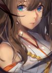  absurdres bare_shoulders blue_eyes blurry blurry_background brown_hair close-up depth_of_field eyebrows_visible_through_hair eyelashes face hair_between_eyes highres kantai_collection kongou_(kantai_collection) lips long_hair miyazaki_byou nontraditional_miko parted_lips shiny shiny_hair solo tassel upper_body 