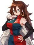  android_21 bare_shoulders breasts brown_hair commentary_request detached_sleeves dragon_ball dragon_ball_fighterz earrings glasses green_eyes hand_up highres holding hoop_earrings jewelry large_breasts long_hair long_sleeves looking_at_viewer ring simple_background sleeves_past_wrists smile solo sookmo standing upper_body very_long_hair white_background 