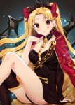  arm_support bad_id bad_pixiv_id black_leotard black_nails blonde_hair blush bow breasts cape choker cleavage diadem ereshkigal_(fate/grand_order) eyebrows_visible_through_hair fate/grand_order fate_(series) floating_hair hair_bow highres leotard long_hair looking_at_viewer medium_breasts nail_polish parted_lips red_bow red_cape red_eyes shiny shiny_skin sitting solo tomato_omurice_melon twintails very_long_hair 