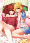  absurdres artist_request bare_legs bare_shoulders bedroom blazblue blonde_hair brown_eyes brown_hair celica_a_mercury colored_eyelashes green_eyes highres indoors looking_at_viewer medium_hair multiple_girls naked_sweater noel_vermillion non-web_source official_art petals pillow ponytail sweater wallpaper_(object) 