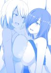  2girls :d blue breasts cum cum_on_body cum_on_breasts cum_on_upper_body hair_over_one_eye hetero highres huge_breasts long_sleeves monochrome multiple_girls multiple_paizuri nao_(ritsancrossover) open_mouth original pai-chan_(nao) paizuri short_hair smile 