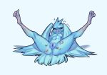  2019 anisodactyl anthro anus avian beak bird blue_eyes blue_feathers blue_hair body_writing breasts butt feathered_wings feathers female hair looking_at_viewer lying navel non-mammal_breasts nude on_back presenting presenting_pussy pussy signature simple_background small_breasts solo spread_legs spreading sweat thick_thighs truedevirish tweetfur twitter wings 