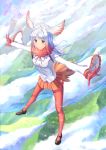  airysher black_footwear cloud commentary_request day flying full_body fur_collar gradient_hair head_wings highres japanese_crested_ibis_(kemono_friends) kemono_friends long_sleeves multicolored_hair orange_skirt outstretched_arms pantyhose pleated_skirt red_eyes red_hair red_legwear sandstar scenery shirt shoes skirt smile solo spread_arms white_hair white_shirt wide_sleeves yellow_eyes 
