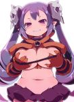  alternate_breast_size blush breasts commentary_request covered_nipples disgaea gloves hair_ornament highres large_breasts looking_at_viewer majorita_(disgaea) makai_senki_disgaea_5 navel pointy_ears purple_eyes purple_hair simple_background skull_hair_ornament smile solo sweat twintails white_background zankuro 