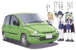  3girls anchovy anzio_school_uniform bangs beret black_footwear black_hat black_neckwear black_ribbon black_skirt blonde_hair braid car carpaccio closed_eyes commentary dress_shirt drill_hair eyebrows_visible_through_hair fiat fiat_multipla girls_und_panzer green_hair ground_vehicle hair_ribbon half-closed_eyes hands_on_hips hat highres loafers long_hair long_sleeves looking_at_another miniskirt minivan motion_blur motor_vehicle multiple_girls necktie open_mouth pantyhose pepperoni_(girls_und_panzer) pleated_skirt red_eyes ribbon school_uniform shadow shirt shoes short_hair side_braid simple_background skirt smile smug standing sweatdrop translated twin_drills twintails uona_telepin white_background white_legwear white_shirt |_| 