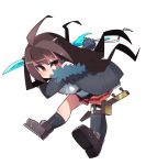  1girl bare_legs breasts brown_hair chibi female full_body horns kometsubu lilith-soft long_hair looking_at_viewer medium_breasts red_eyes rina_(taimanin_asagi) simple_background skirt solo sword taimanin_(series) taimanin_asagi taimanin_asagi_battle_arena weapon white_background 